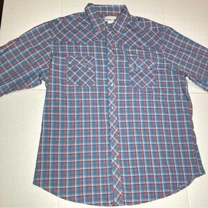 Wrangler Pearl Snap Men's Blue and Red Plaid Button Down Shirt